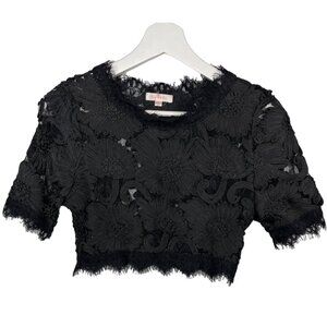 Luxxel Top Women Short Sleeve Lace Cropped Blouse Small Black Embroidered Sheer